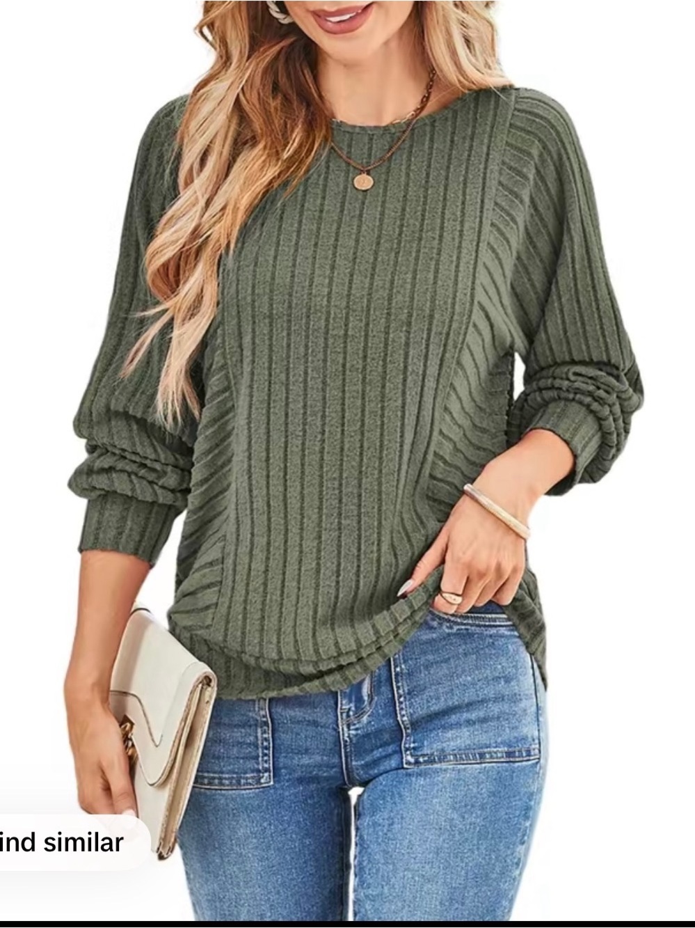Ribbed Crewneck Sweater in Olive Green